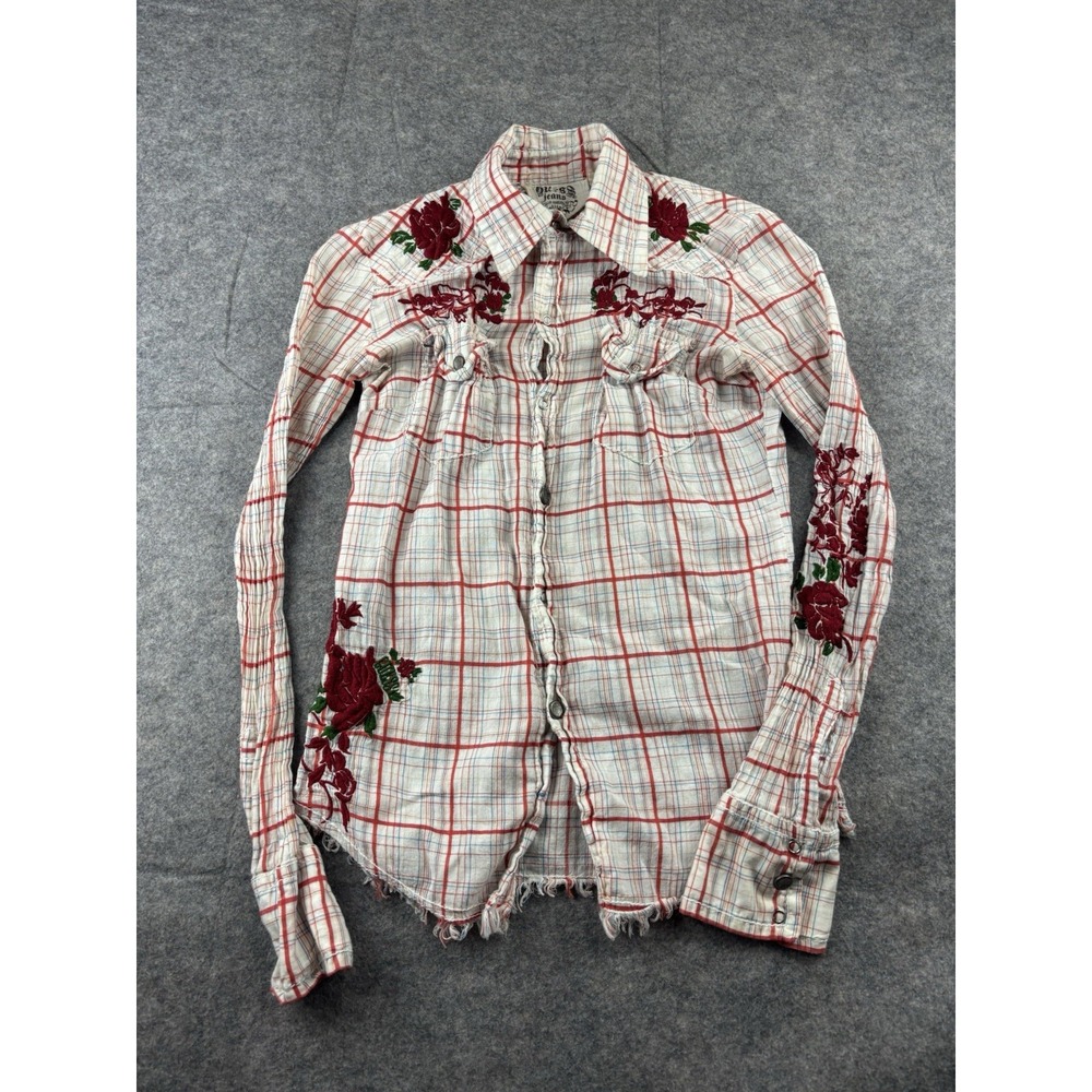 VTG Guess Jeans Women's S Cotton Plaid Embroidered Roses Snap Shirt Western SEE